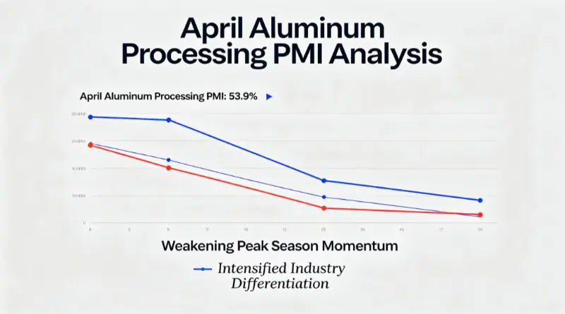 De PMI voor aluminiumverwerking daalde in april naar 53,9%, wat wijst op een afzwakkend momentum tijdens het hoogseizoen.