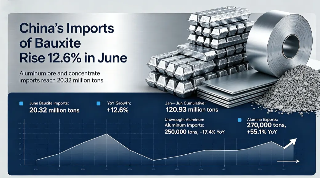 De Chinese import van bauxiet en zijn concentraten bereikte in juni 20,32 miljoen ton, wat neerkomt op een stijging op jaarbasis van 12,6%.